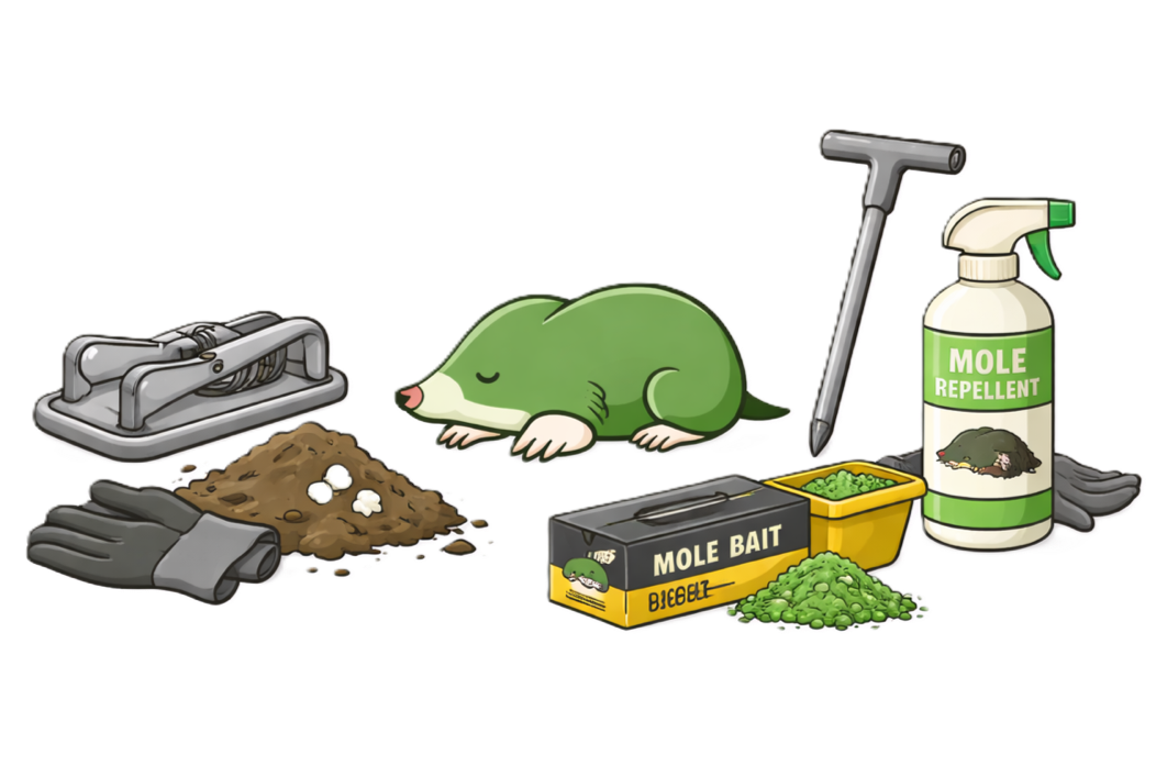 Various mole trapping and pest control supplies, including bait, a trap, gloves, soil, and a spray bottle, with a cartoon mole among them.