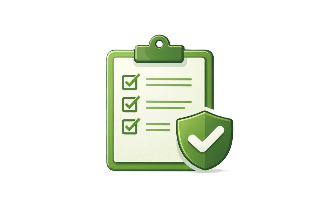 A clipboard with a checklist of three items, all marked with green check marks, and a shield with a check mark overlapping the clipboard, symbolizing security and verified completion.
