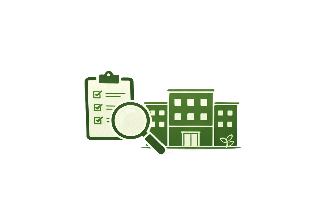 Green illustration of a building with a magnifying glass and checklist.