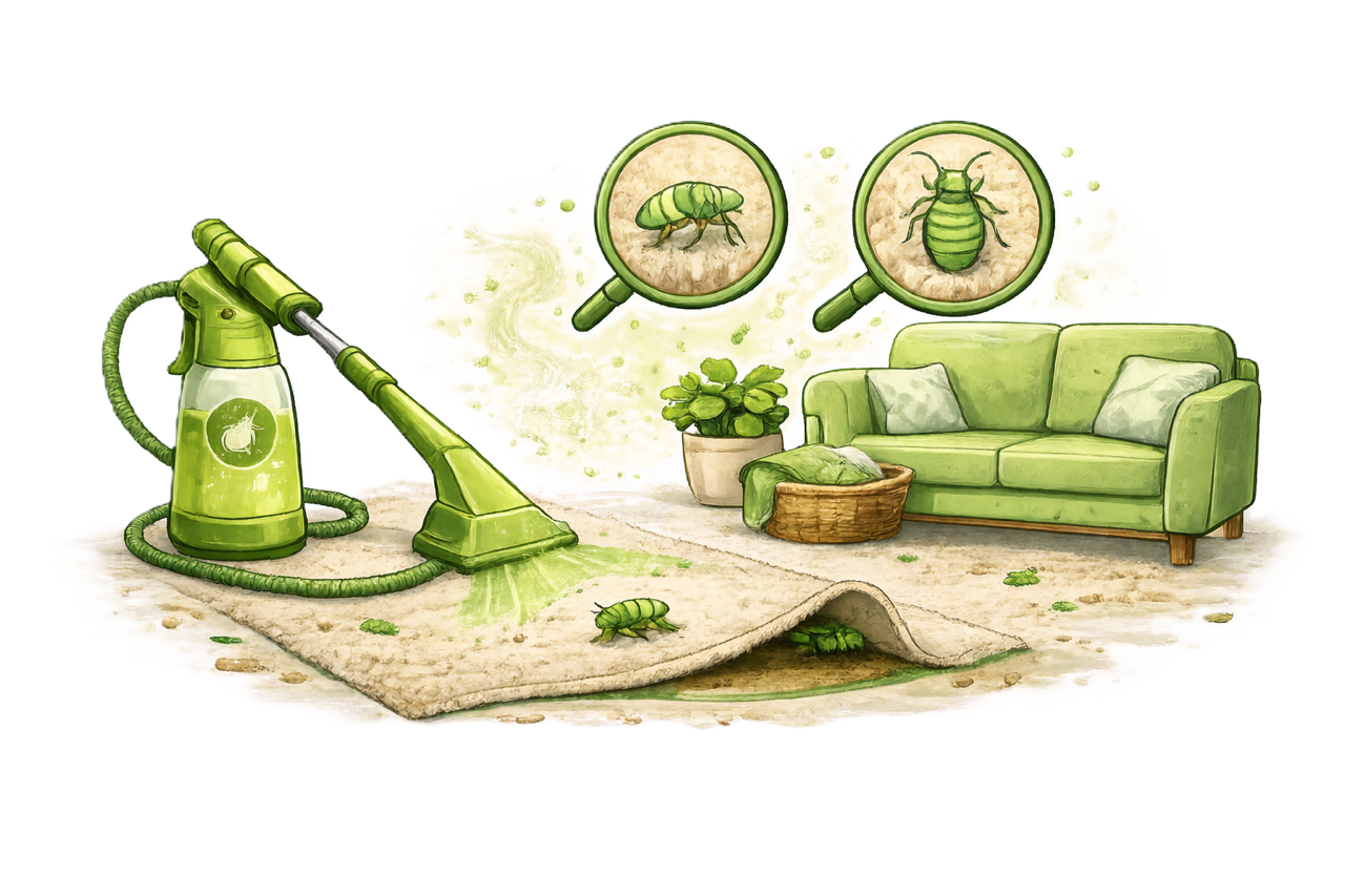 Green vacuum cleaner with green dust and a rug with bugs, including a bed bug and a flea, under magnifying glasses, in a living room with a green couch and plant.