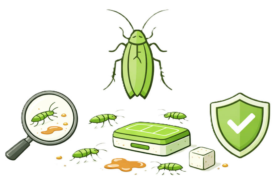 Illustration of a shield with a checkmark, a green bug, a magnifying glass with a bug and droppings, a block of cheese, and a green electronic device, alluding to cybersecurity or malware protection.