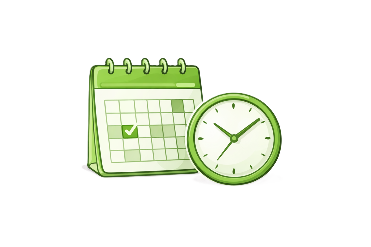 A green desk calendar showing a checkmark on a specific date and a green analog clock displaying the time as approximately 3:09.