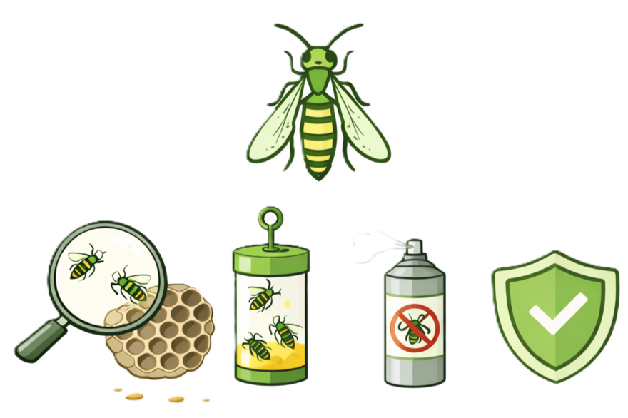 Illustration of a bee, a honeycomb, a bee removal trap, and a protective shield to represent bee and pest control