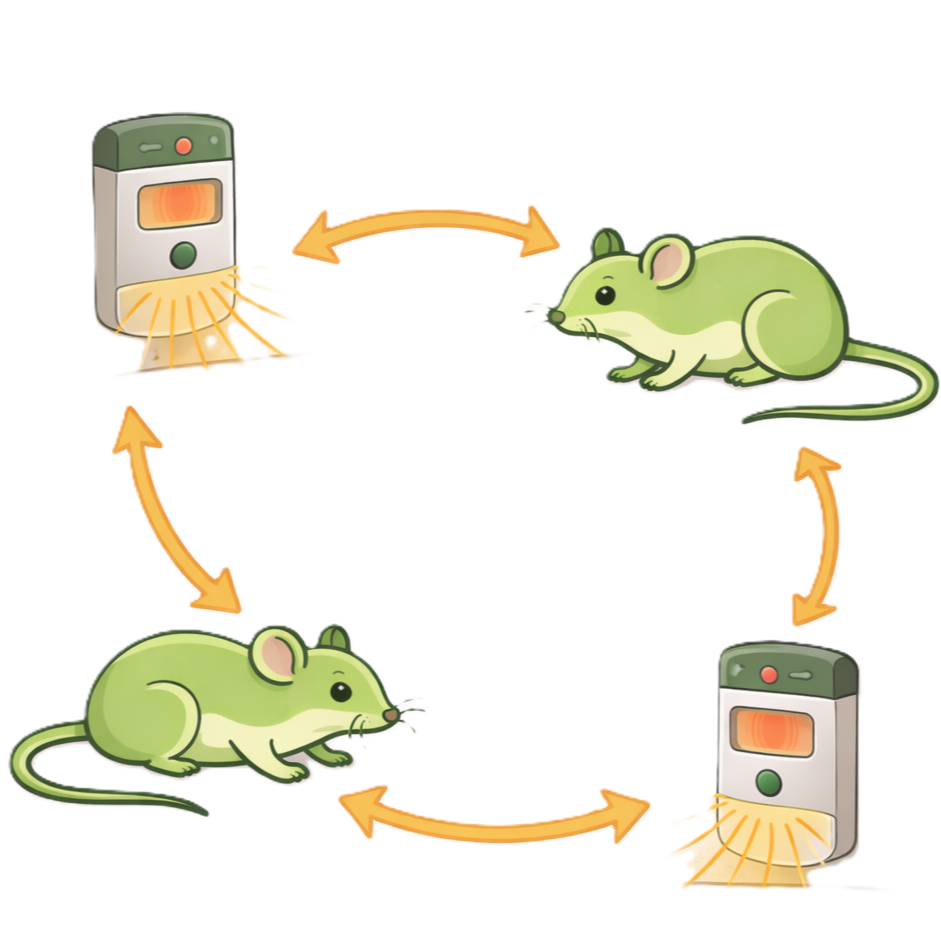 Diagram showing a mouse interacting with a computer device that emits some sort of signal, completing a cycle.