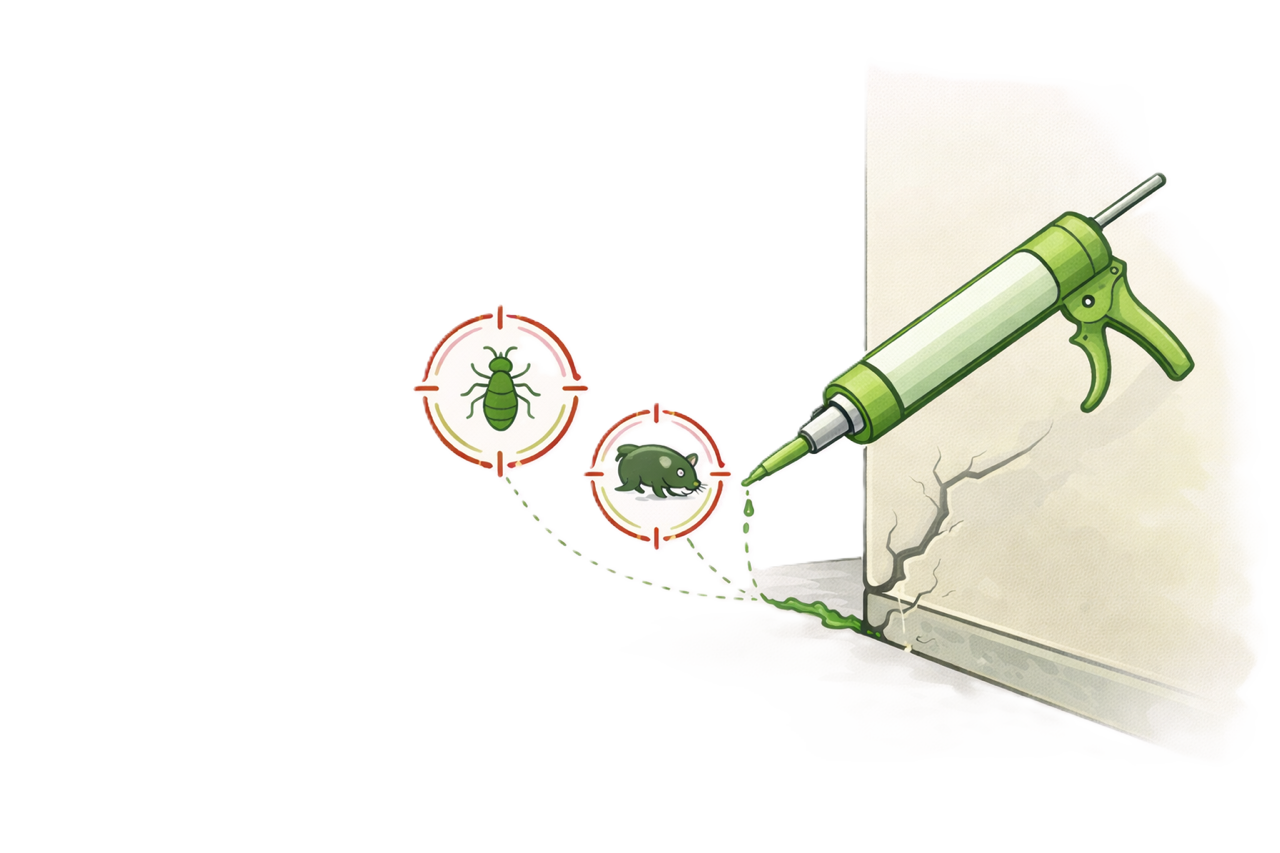 Illustration of injecting chemical into a wall to eliminate pests, including a termite and a rodent.