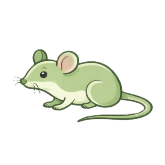 Illustration of a cute, green cartoon mouse with large ears and a long tail.