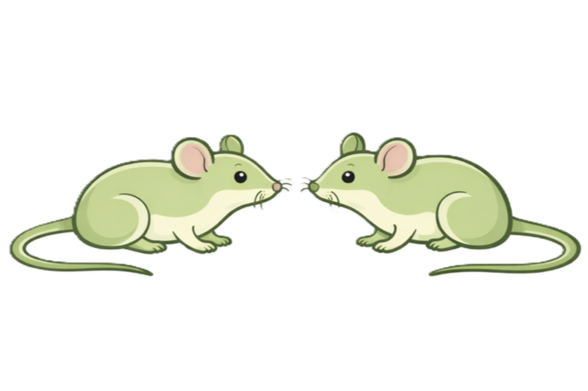 Two cartoon mice facing each other with noses touching, sitting on a surface.