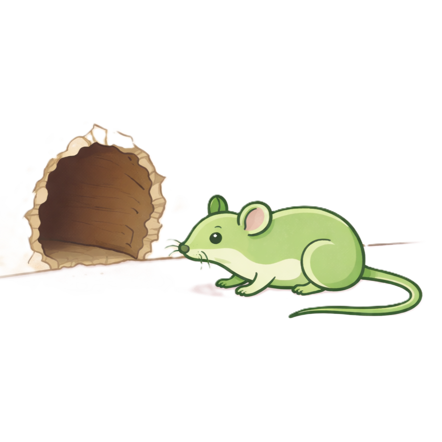 A cartoon green mouse with a white belly and pink ears sniffing the ground near a fallen log.