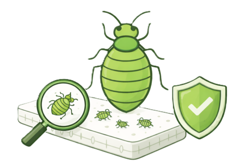 Illustration of a large green bed bug on a mattress with smaller bed bugs and a magnifying glass showing the bed bug, alongside a green shield with a checkmark indicating protection or pest prevention.