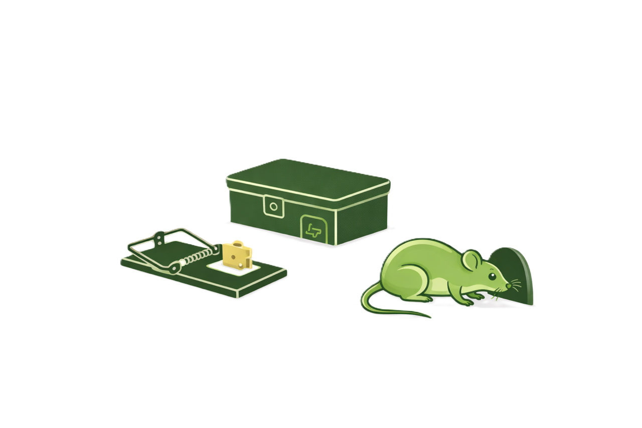 Illustration of a mouse trap with bait, a bait box, and a mouse near a access point for rodent control in Plymouth, Devon & Cornwall