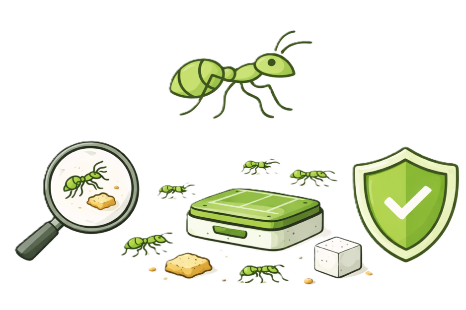 Illustration of ants on a food item, magnifying glass highlighting an ant and food crumbs, and a shield symbol indicating protection against ants.