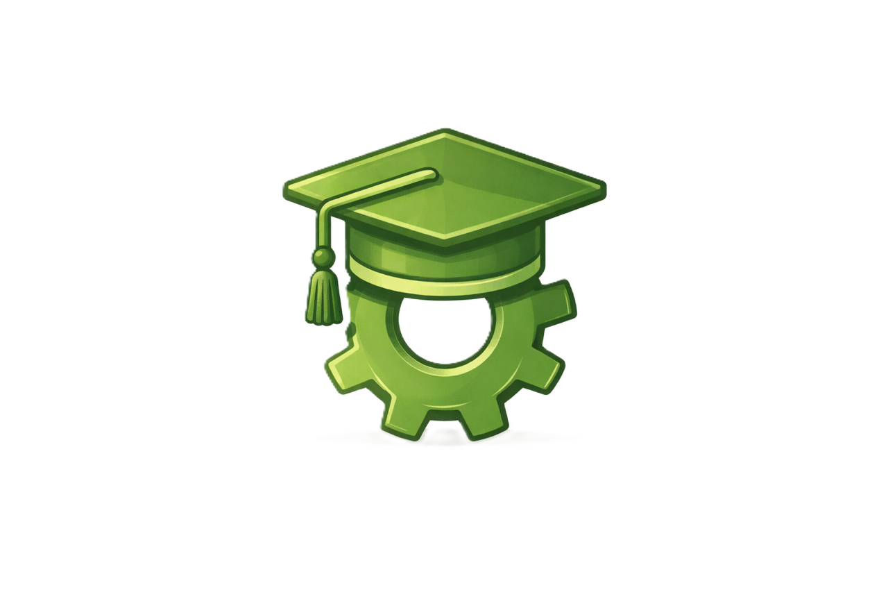 A cartoon green gear with a graduation cap, symbolizing education or learning in a technical or engineering context.