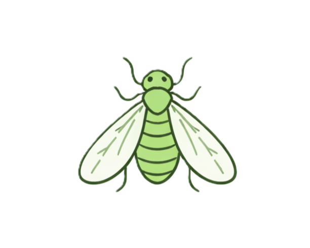 Cartoon illustration of a green insect with wings.
