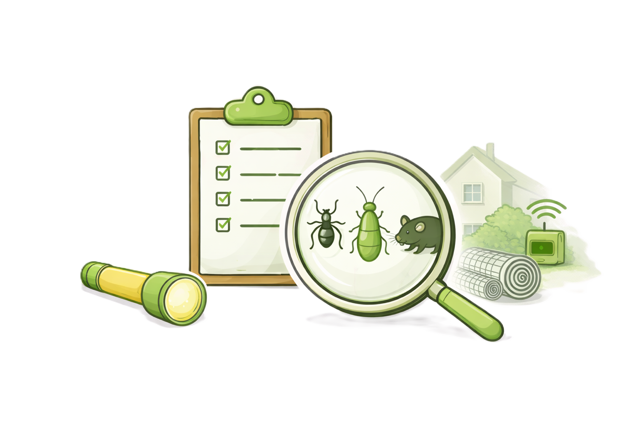 Illustration of pest inspection tools including a magnifying glass over bugs (ant, termite, mouse), a checklist on a clipboard, a flashlight, and a house with electrical wiring and insulation in the background.