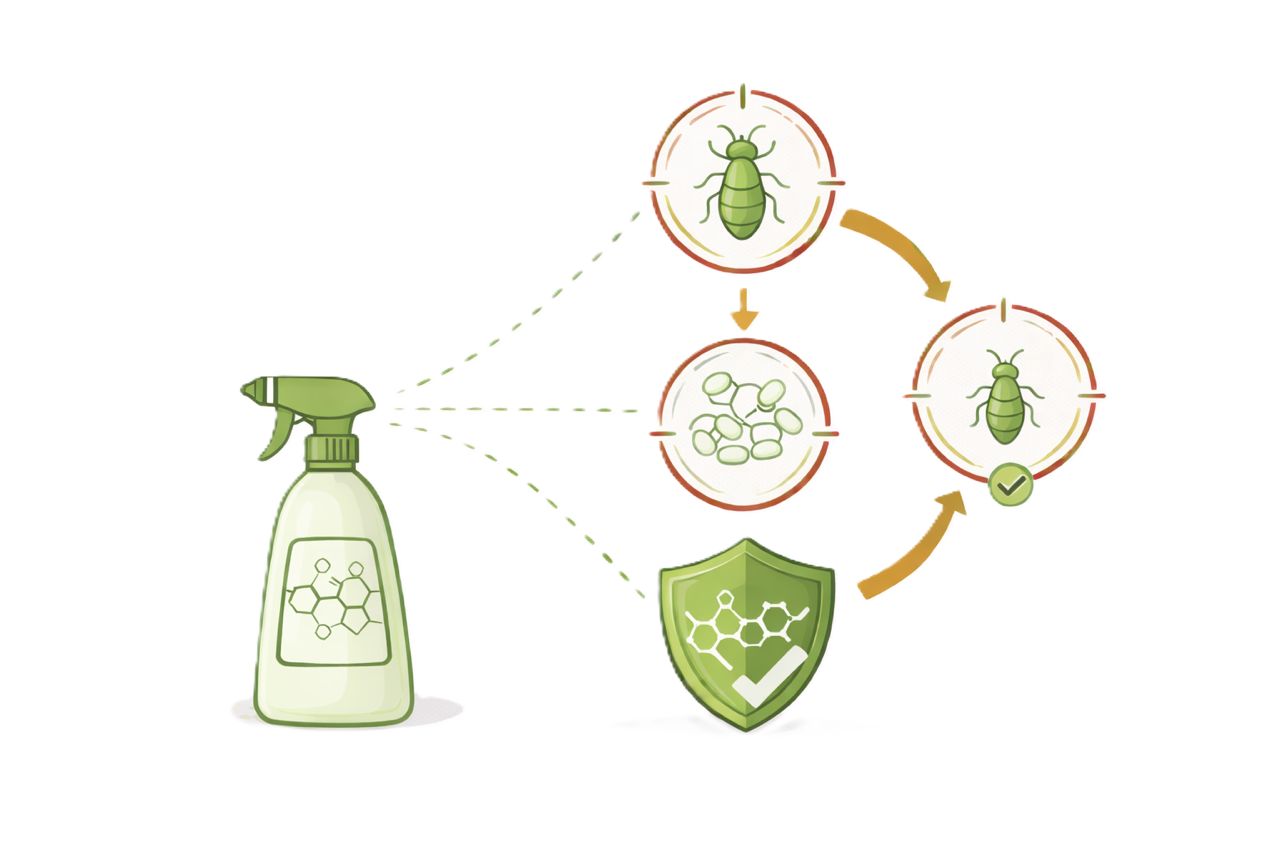 Diagram showing a spray bottle containing an insecticide, targeting pests, bacteria, and virus cells. The diagram illustrates pest control through chemical treatment, with protective shield indicating safety or efficacy.