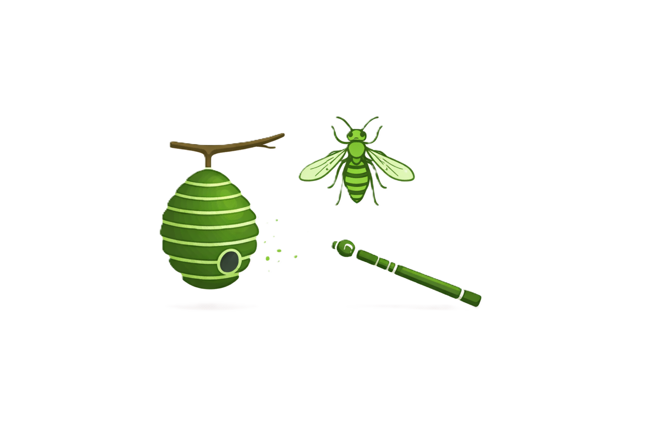 Illustration of a wasp and nest which is being treated with a professional pest control sprayer