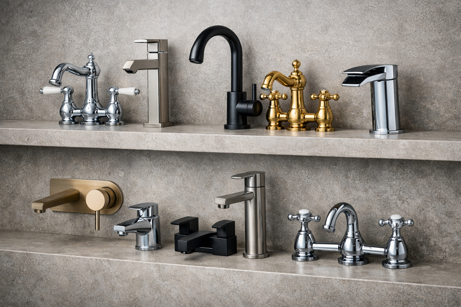 A selection of bathroom taps on shelves