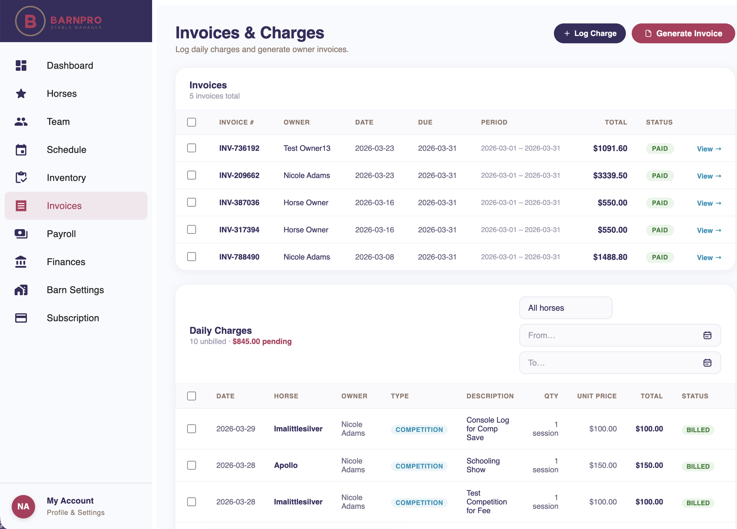 Screenshot of an online horse management platform called BarnPro, showing the 'Invoices & Charges' section with a list of invoices, daily charges, and billing details for horses. The sidebar menu includes links for Dashboard, Horses, Team, Schedule, Inventory, Invoices, Payroll, Finances, Barn Settings, and Subscription.