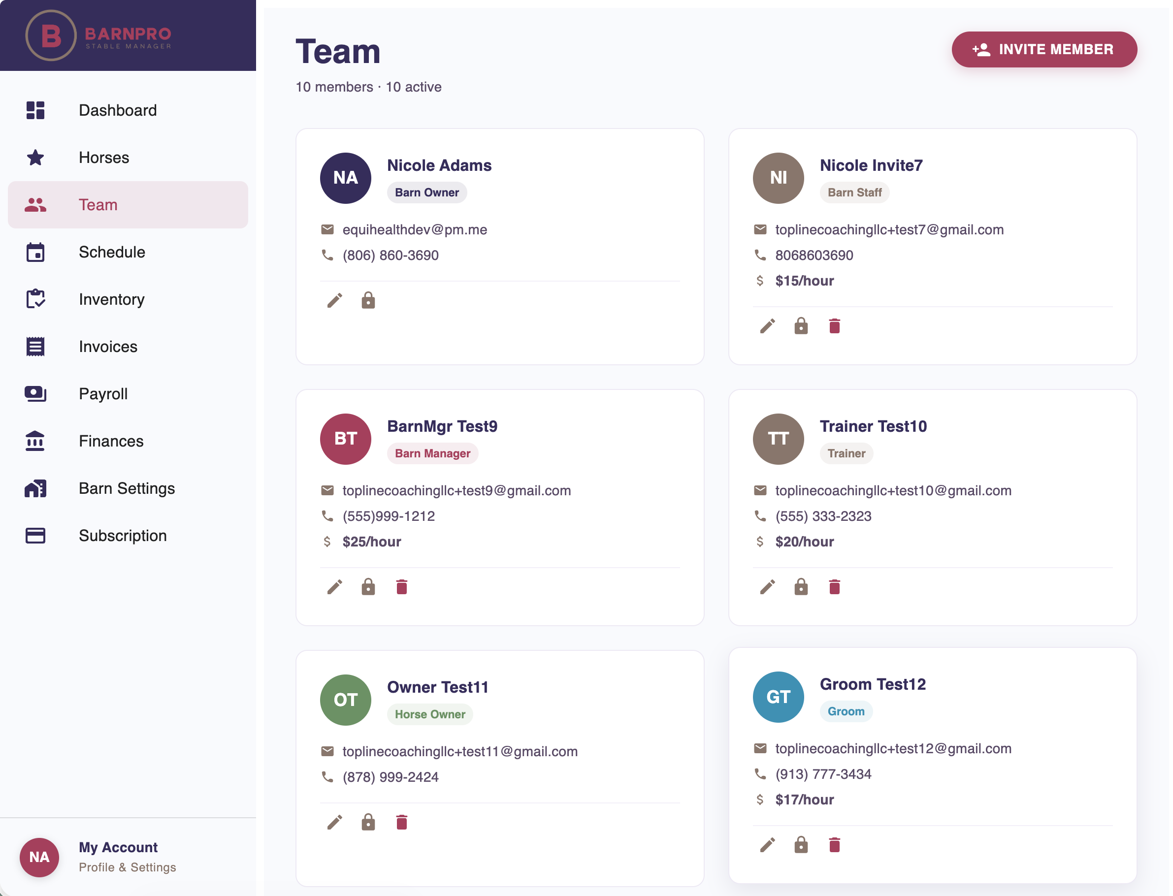 Screenshot of a team management section in a software application called BarnPro, showing profiles of team members with their roles, contact info, and hourly rates. The interface includes a sidebar menu and a top button to invite members.
