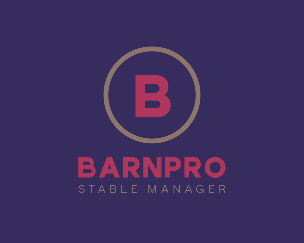 Logo for BarnPro Stable Manager featuring a pink letter B inside a gray circle on a dark purple background, with the text 'BarnPro' in pink and 'Stable Manager' in gray below.