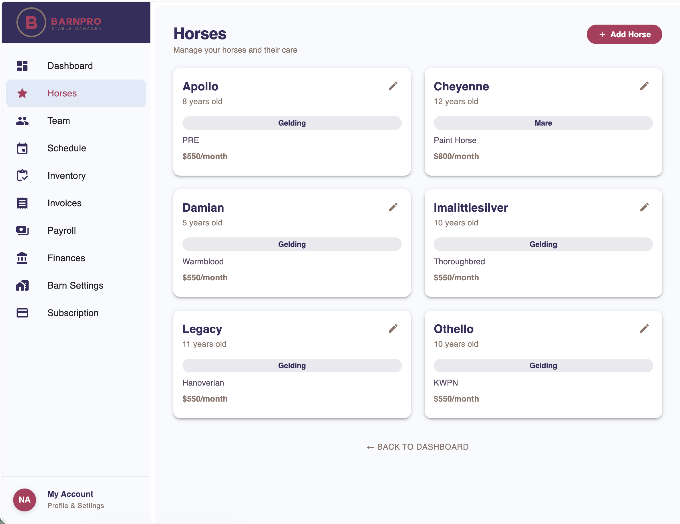 Screenshot of BarnPro stable manager web application showing a list of horses with their names, ages, types of coat, and monthly prices, with a sidebar menu on the left.
