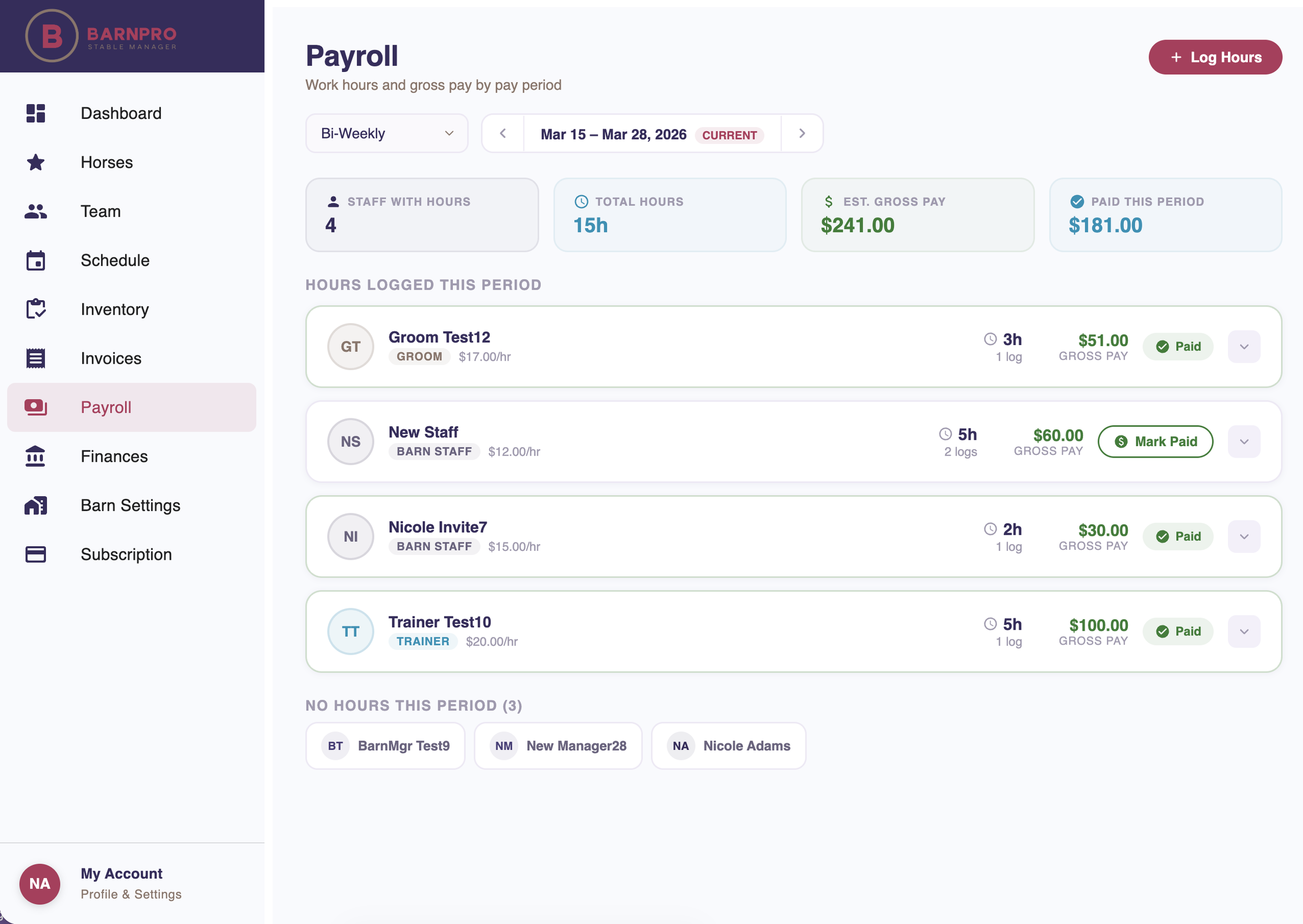 Screenshot of BarnPro payroll management software showing work hours and gross pay for a bi-weekly pay period from March 15 to March 28, 2026, with details of employees' logged hours, pay rates, and payment status.