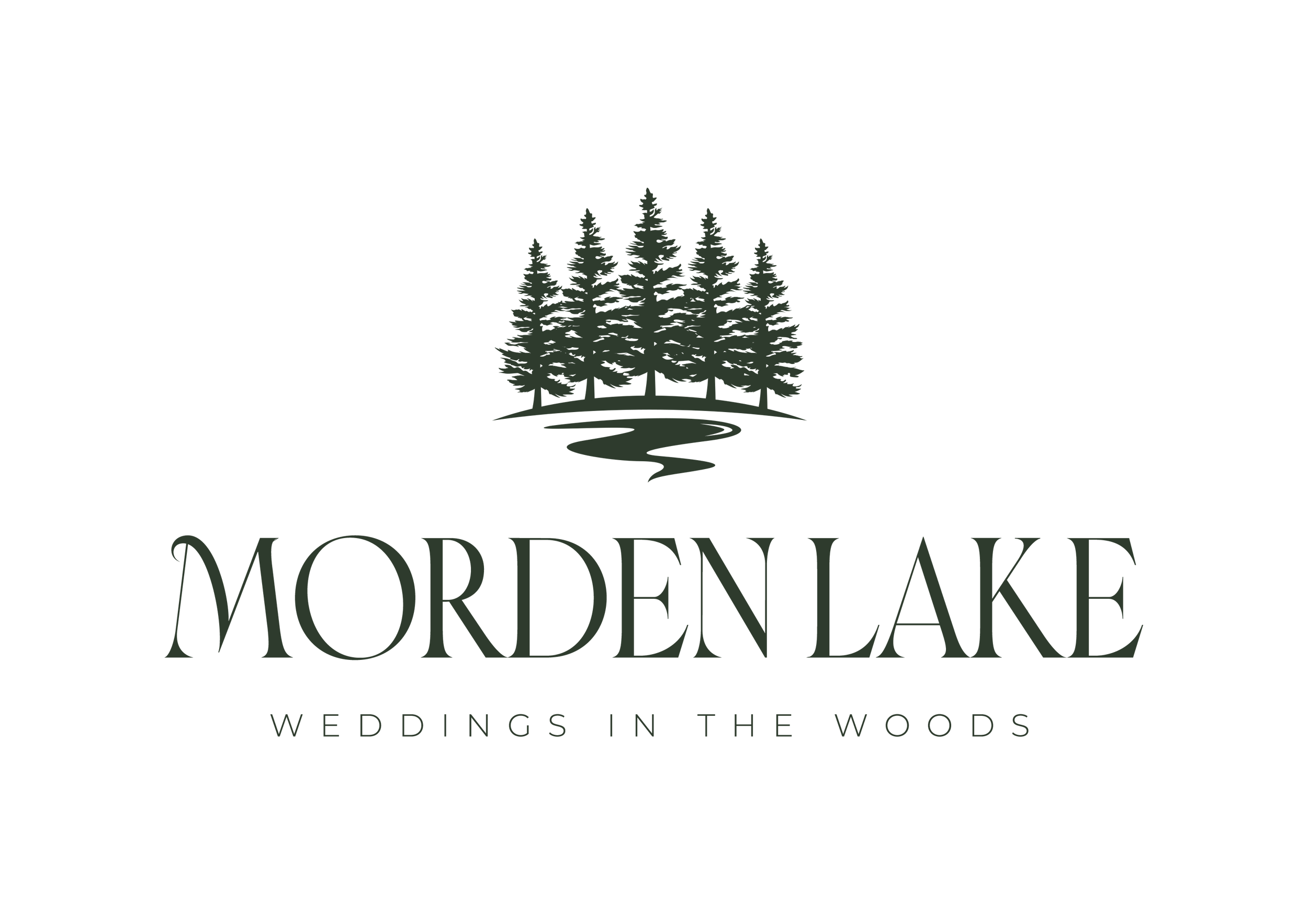 Logo for Morden Lake Weddings in the Woods, featuring a silhouette of tall pine trees and a winding stream underneath the name.