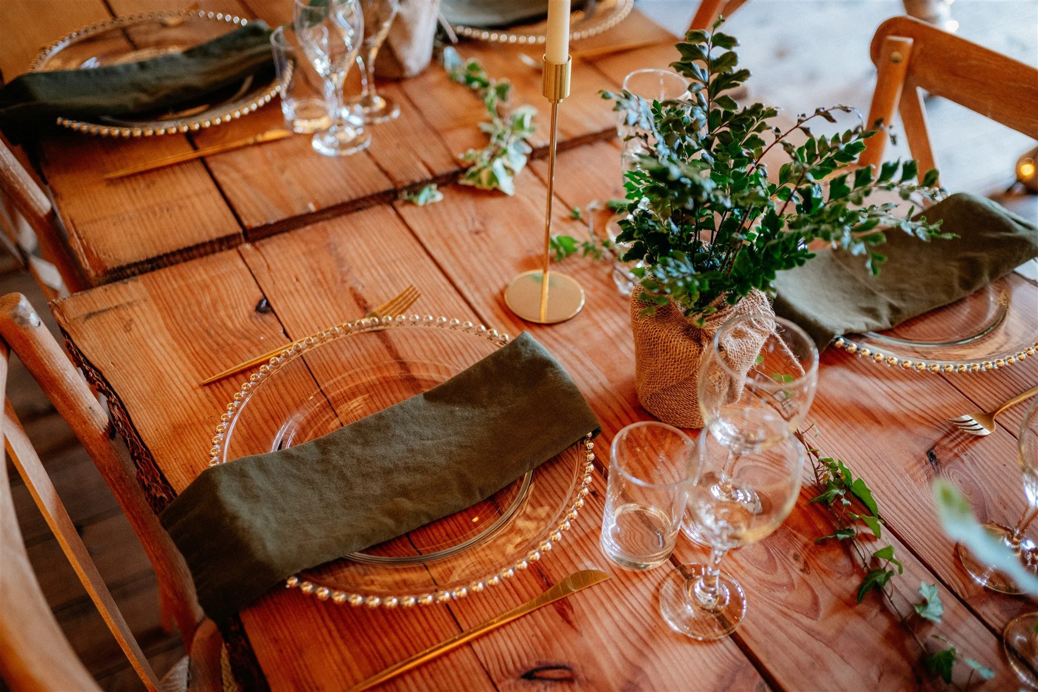 Wooden dining table set for a meal with green napkins, clear glass plates, wine glasses, gold utensils, a candle holder with a tall white candle, and a potted green plant as a centerpiece.