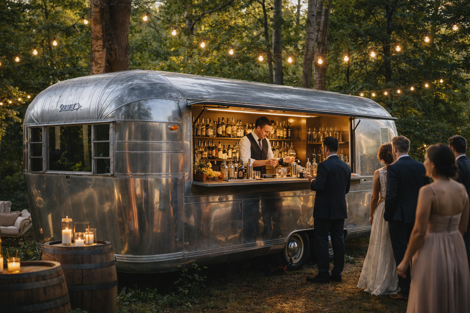 A group of people in formal attire gathered around a vintage silver Airstream trailer serving as a bar, surrounded by string lights and candles in a wooded outdoor setting during the evening.