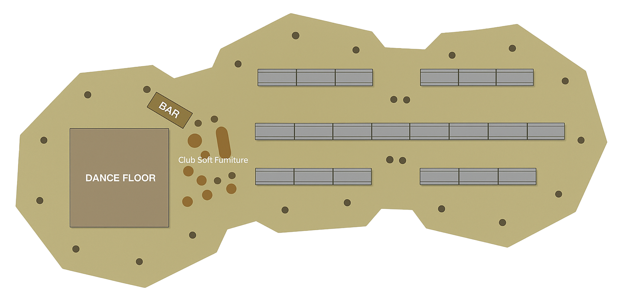 A floor plan of a nightclub or event space with labeled areas including a dance floor, bar, and club area with soft furniture.