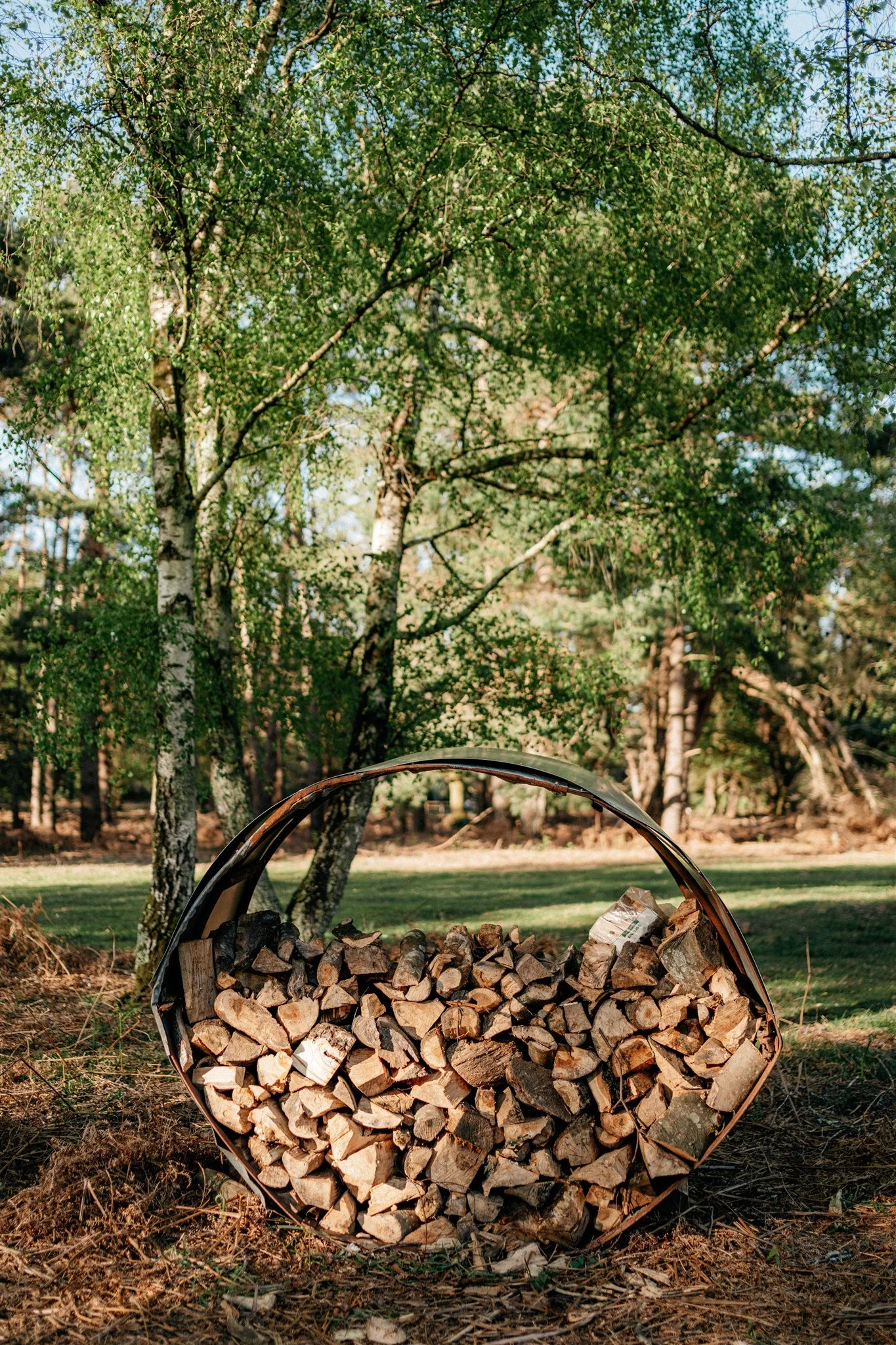 Firewood stacked in a metal container outdoors, with trees and green grass in the background.