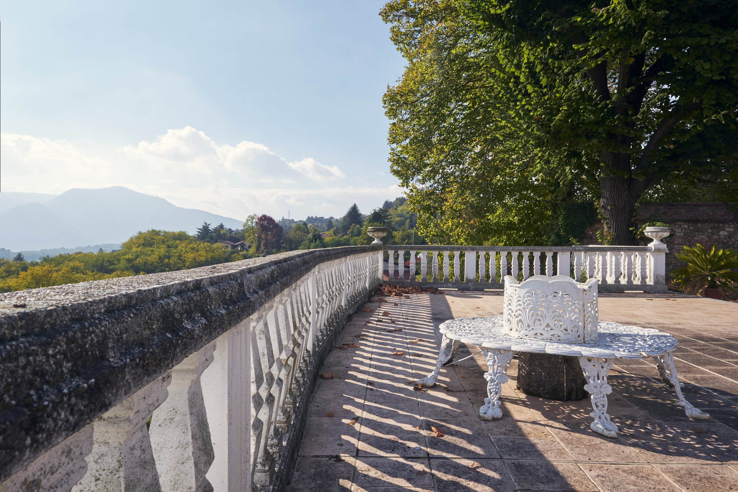 A scenic view from a terrace with a white ornate bench, a white railing, and a large leafy green tree, overlooking a landscape of trees and distant mountains on a sunny day.
