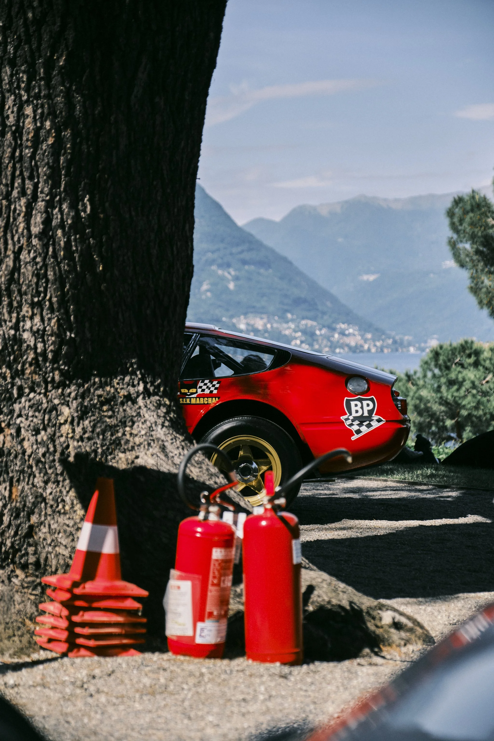 Race car parked behind a tree with traffic cones and fire extinguishers in the foreground, mountains in the background.