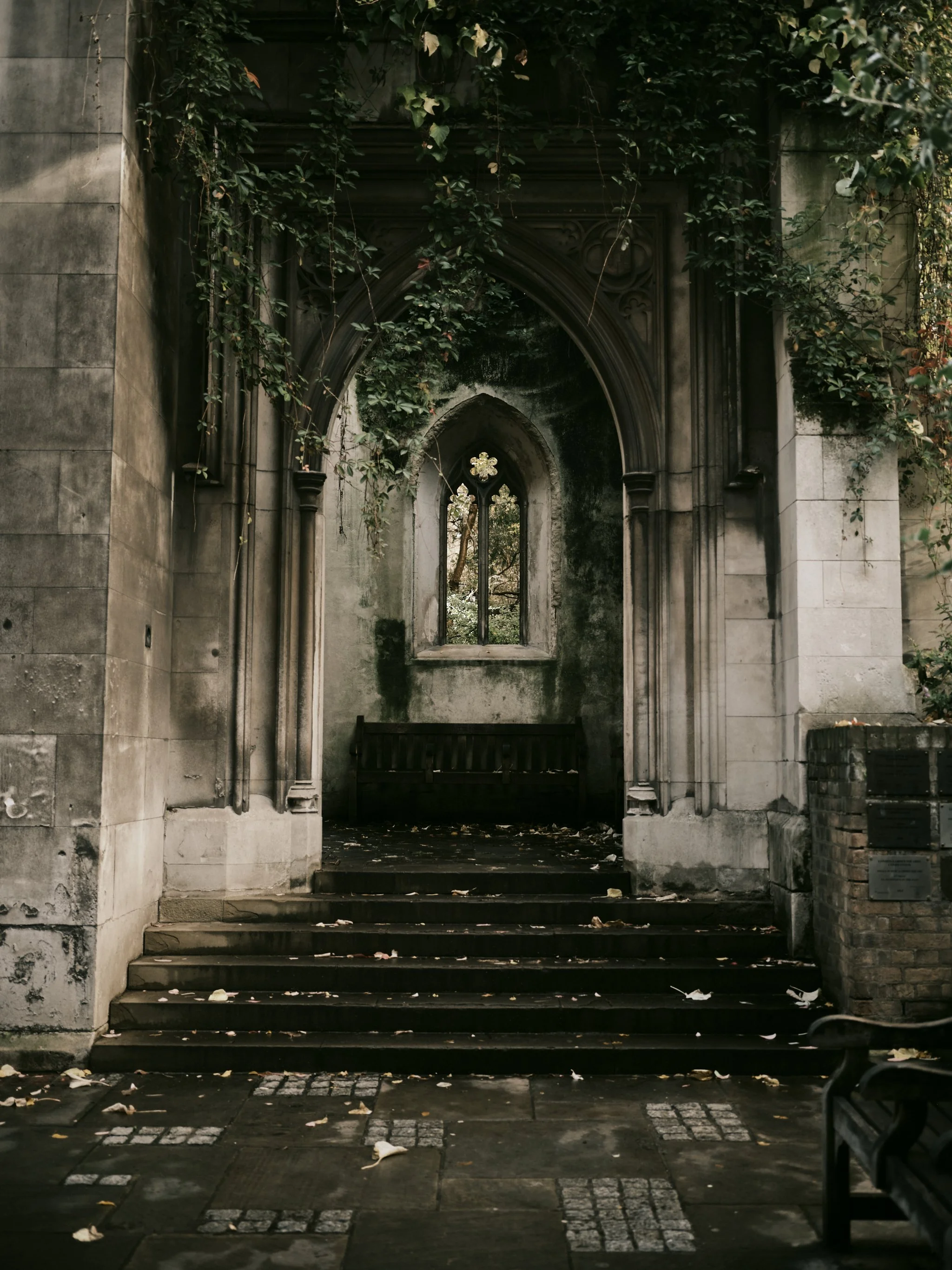 An empty stone archway with a bench underneath, surrounded by overgrown ivy, leading to a small window with stained glass, on a weathered building with steps and scattered fallen leaves.