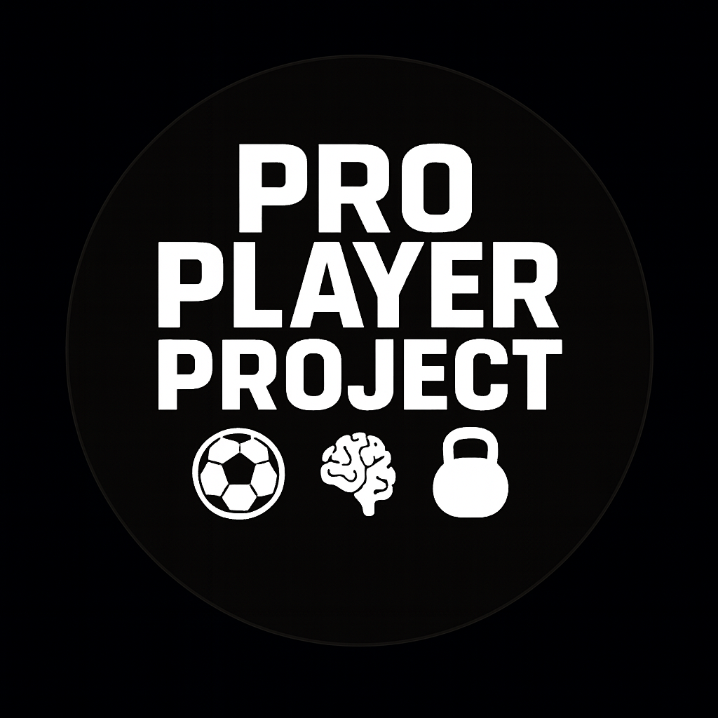 Black background with white text that reads "Pro Player Project" and icons of a soccer ball, a brain, and a kettlebell.