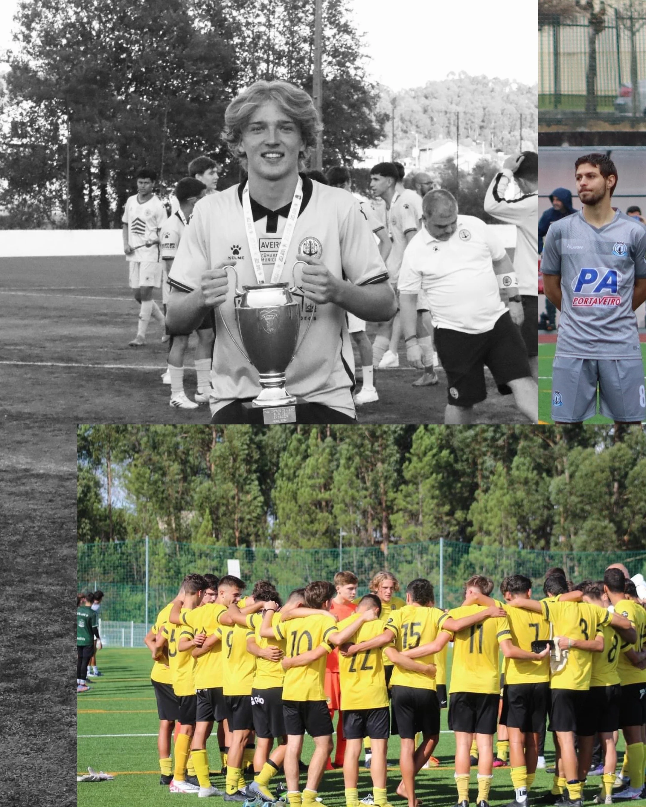 Collage of football teams, with the top featuring a young man holding a trophy on a field, the middle showing a player in a gray uniform, and the bottom displaying a group of players in yellow jerseys huddling on a green field.