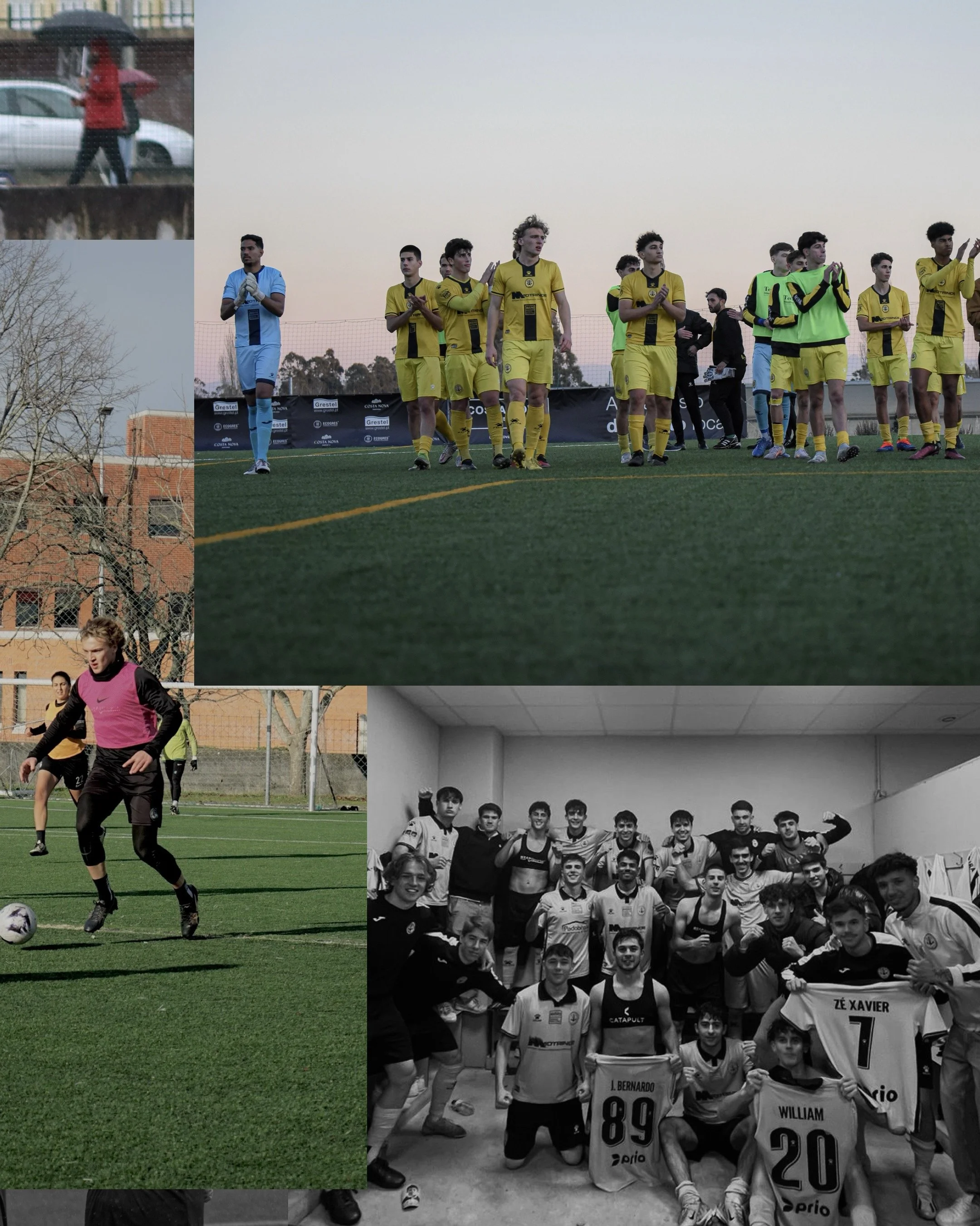 Collage of soccer team photos, including players in yellow uniforms on the field, a player with a pink bib controlling the ball during practice, and a group of players celebrating indoors with banners and jerseys.