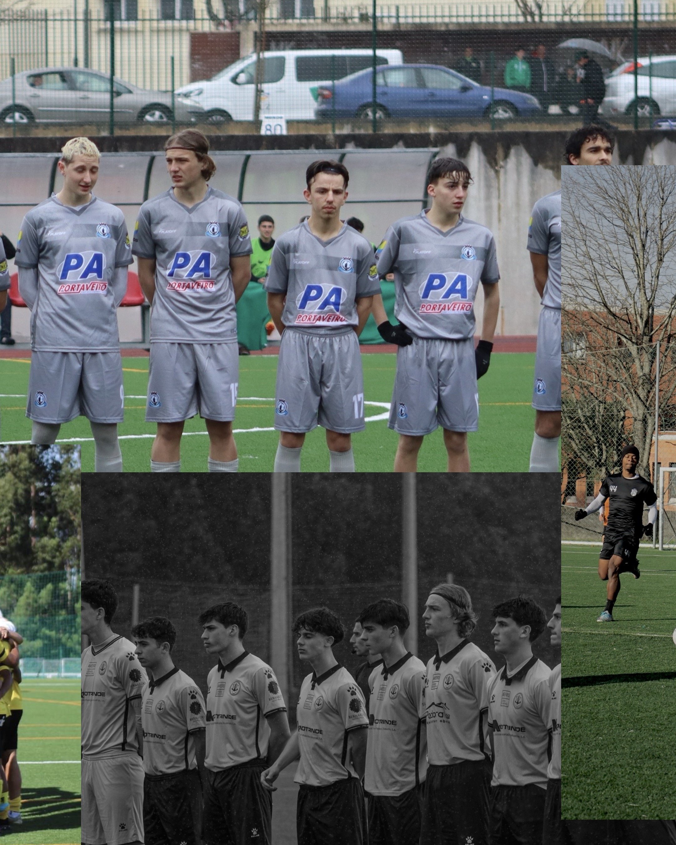 Young male soccer players standing in a line on the field before a match, wearing grey uniforms. In the background, other players and spectators are visible. A smaller inset shows a male goalkeeper running on the soccer field, and another inset depicts young players in white uniforms standing in a line, with a soccer field and trees behind them.