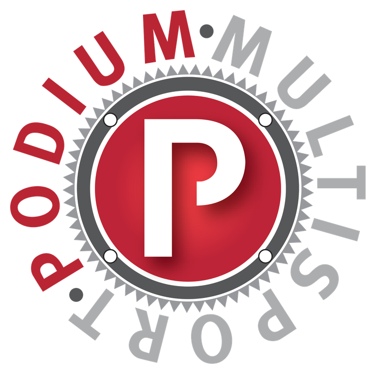 Logo with a large white letter 'P' in a red circle, surrounded by the words 'PODIUM MULTISPORT' in red and gray, arranged in a circular pattern.