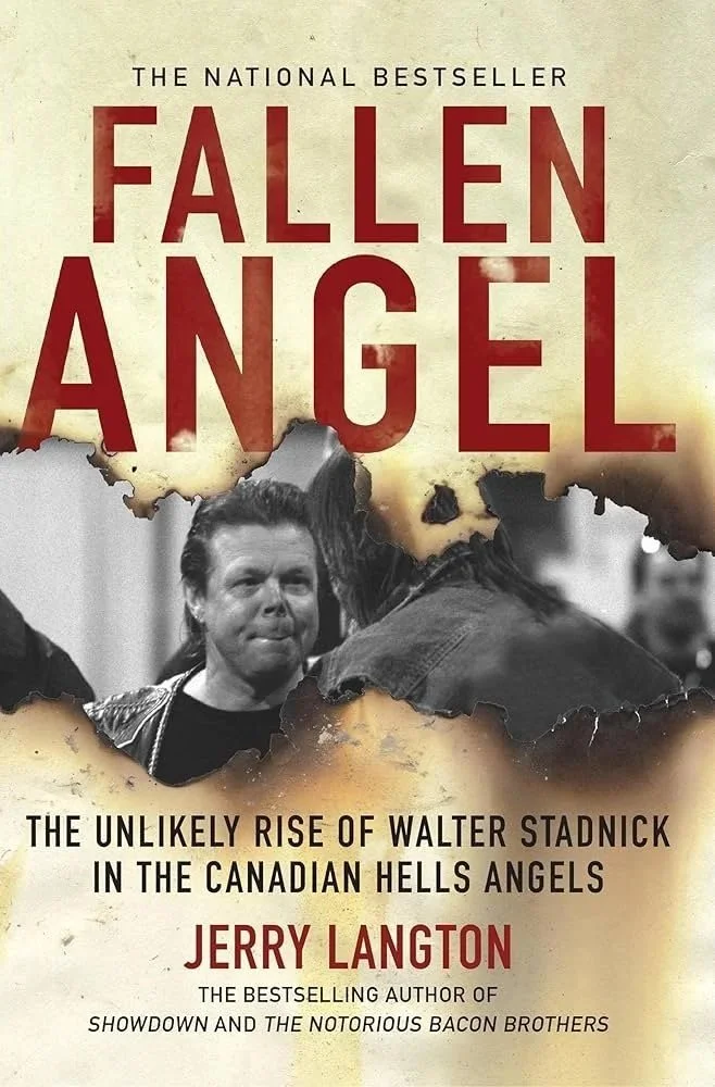 Book cover of 'Fallen Angel' by Jerry Langton, showing torn paper revealing a black and white photo of a man with spiked hair and another man with long dreadlocks, with the title in large red letters.
