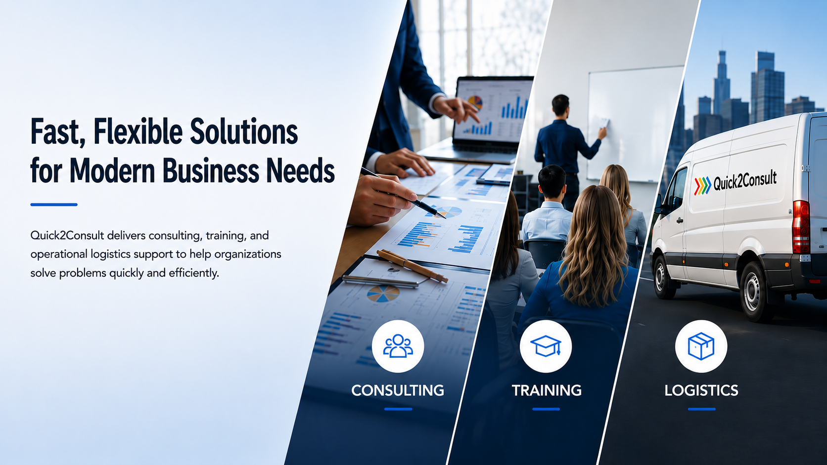 A promotional banner for Quick2Consult showing the company's services: consulting, training, and logistics. The banner features a split layout with images of people working with charts, a classroom setting, and a delivery van with the Quick2Consult logo.