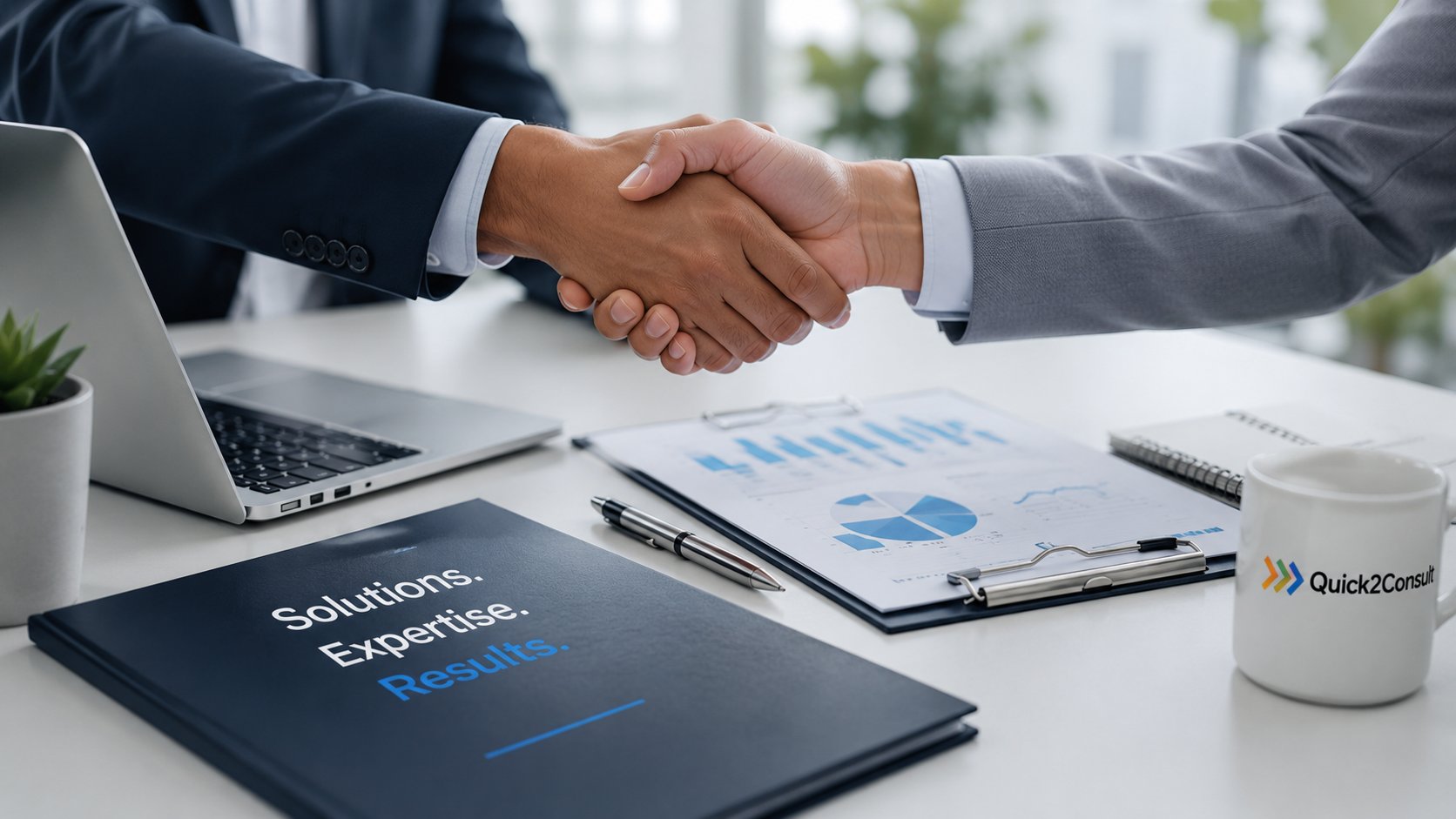 Two people in business suits shaking hands across a desk with a laptop, charts, and a 'Solutions. Expertise. Results.' binder on the desk.
