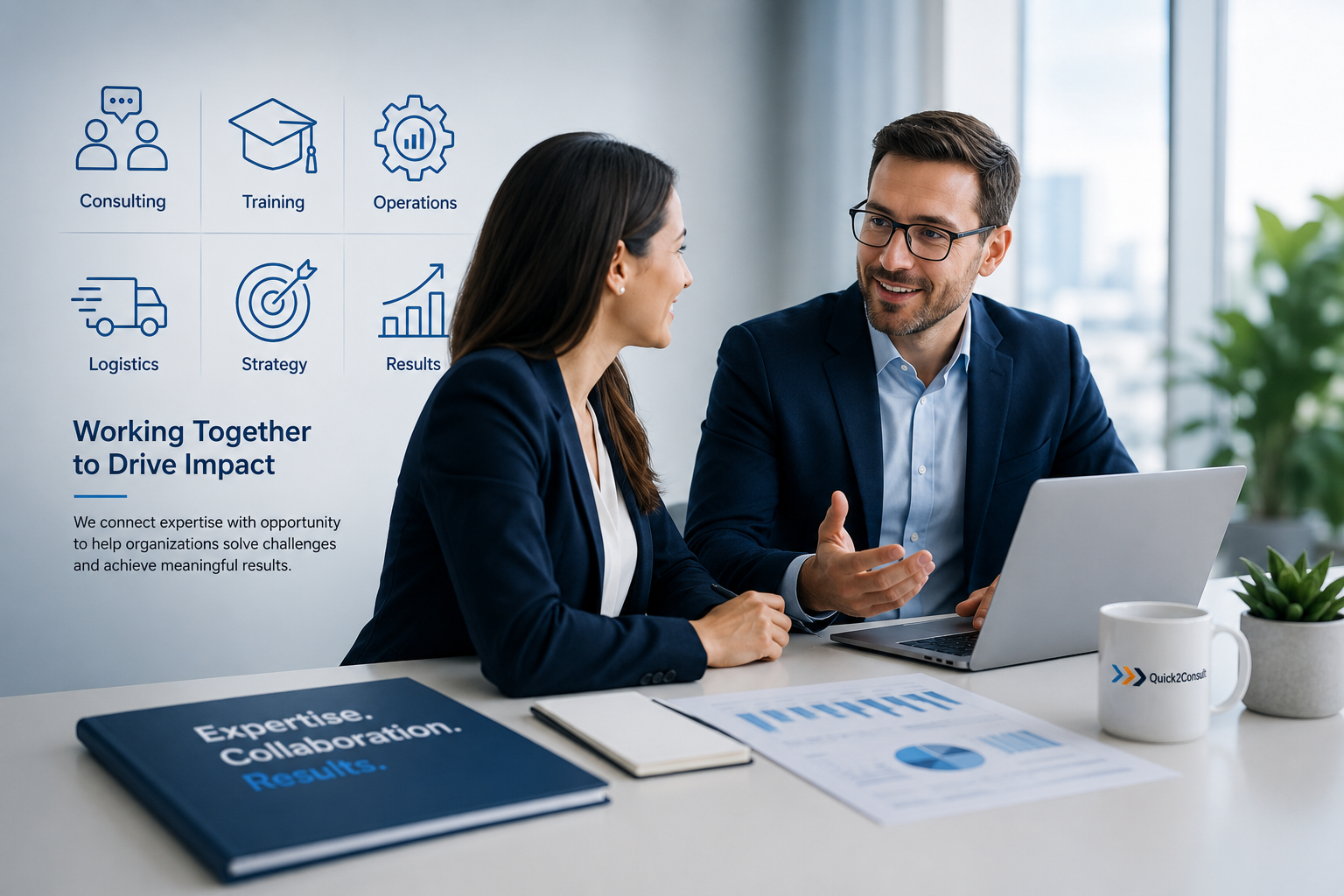 A man and woman having a discussion in a modern office, with business presentation icons and text on the wall, including consulting, training, operations, logistics, strategy, and results, along with a laptop, notebook, printed charts, a mug, and a potted plant on the desk.