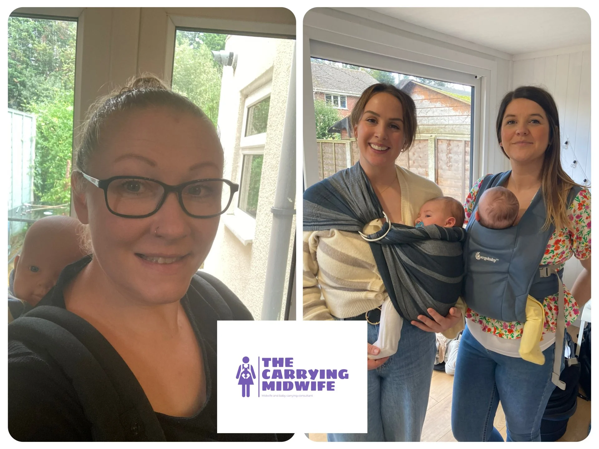 Group photo of three women, one holding a baby in a baby carrier, indoors near windows with a view of a garden and outdoor houses.