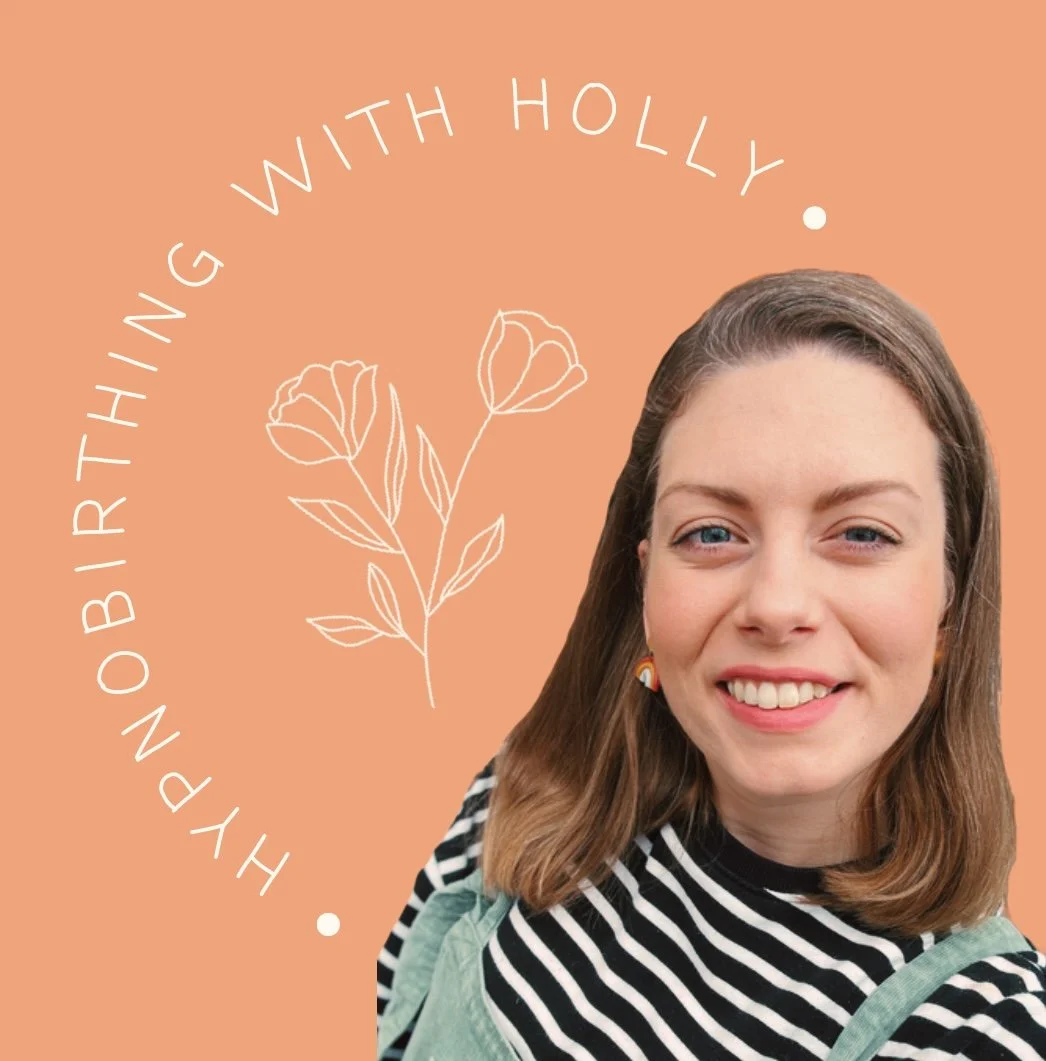 A woman with shoulder-length brown hair and blue eyes smiling in front of an orange background with a white floral illustration and the text 'HYPNOBIRTHING WITH HOLLY'.