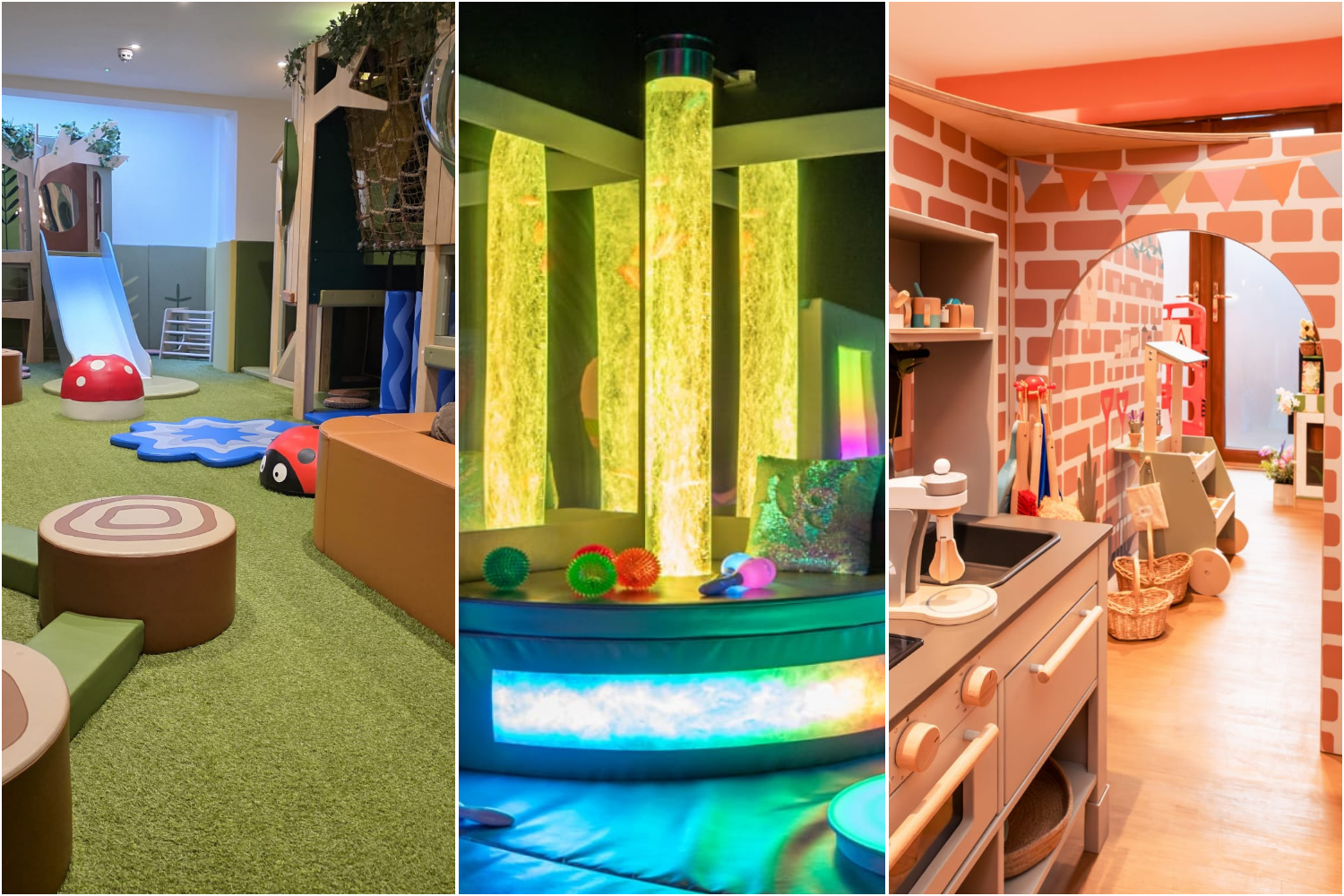 Three various indoor play areas for children. The first is an outdoor-themed playroom with a slide, mushroom-shaped seat, and game-like furniture. The second features a dark room with vertical illuminated panels, colorful balls, and lighting effects. The third is a cozy play corner with a brick-patterned wall, wooden toys, a pretend kitchen setup, and bright natural lighting.