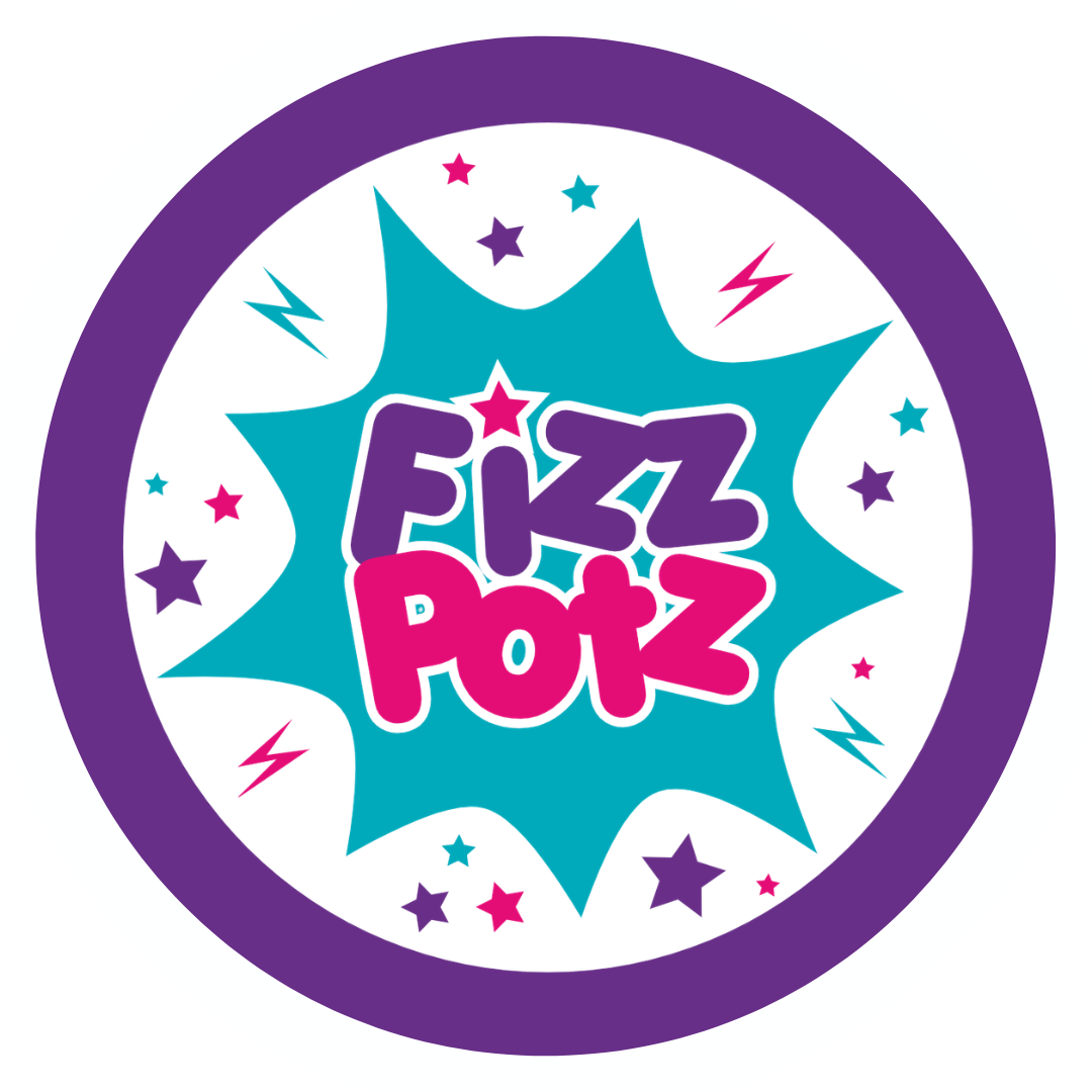 Colorful logo with the words "Fizz Potz" in purple and pink, surrounded by a teal explosion shape, stars, and lightning bolts.