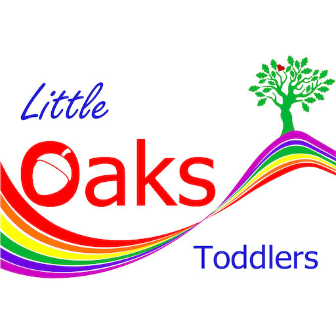 Colorful logo for Little Oaks Toddlers featuring a rainbow and a green tree with red apples.