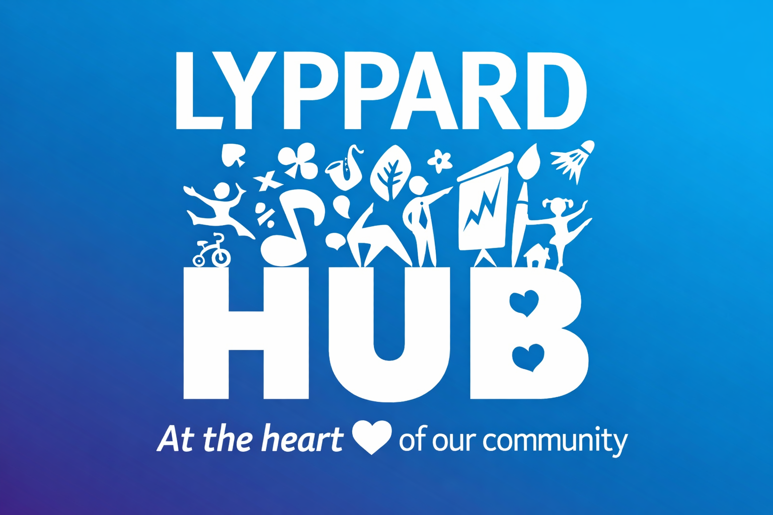 Lyppard Hub logo with white text on a blue background, featuring icons representing community activities and the phrase 'At the heart of our community' with a heart symbol.