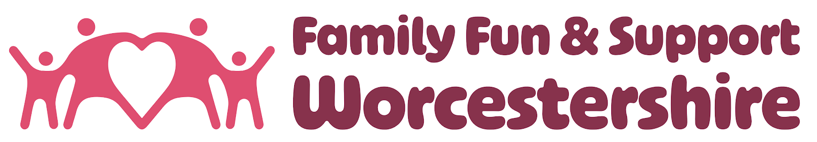 Logo with pink stylized family figures forming a heart, and text that reads "Family Fun & Support Worcestershire" in bold, purple letters.